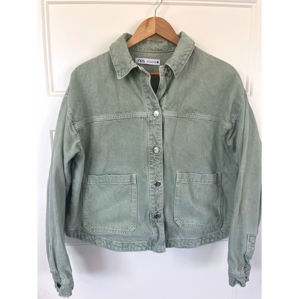ZARA Sage Green Cropped Denim Jacket Women’s Medium M Khaki Jean Coat Boho